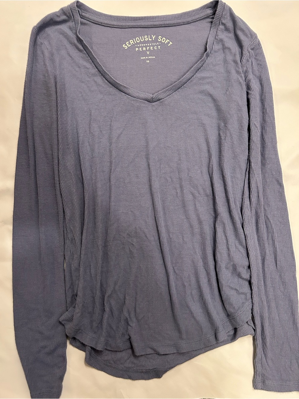Aeropostale Women's Ribbed V-Neck Long Sleeve Top - Slate Blue